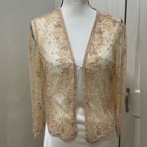 Camille La Via Ivory Size L Nylon Mesh Beads Embellished 3/4 Sleeve Cardigan